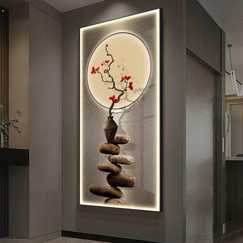 石转运来玄关装饰画发光轻奢走廊过道壁画入户正对门植物光影挂画