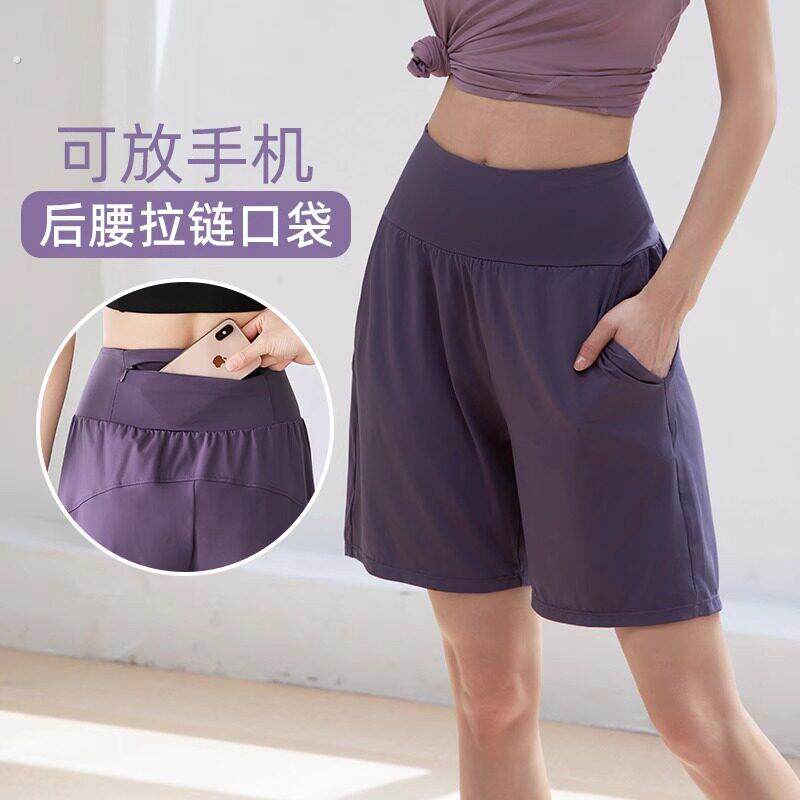 运动中短裤女夏季新款四分健身瑜珈裤宽松休闲跑步速干裤后腰口袋