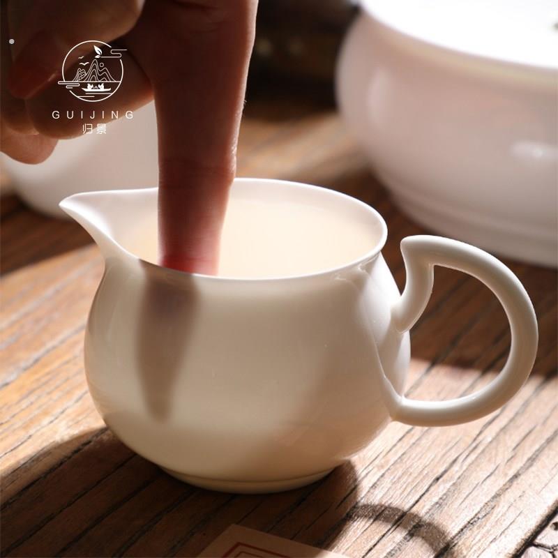 公道杯骨瓷超薄高档分茶器潮州功夫茶具茶海带把家用简约纯白陶瓷图片