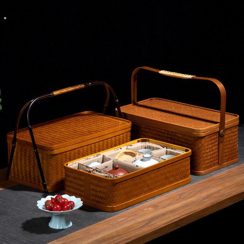 手工竹编茶具收纳盒中式双层食盒长方形带盖子提盒大漆提篮覆古茶