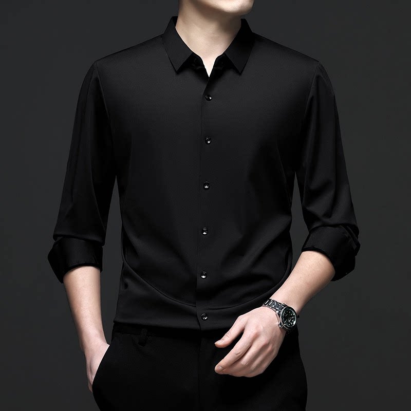 罗蒙无痕黑色衬衫男士长袖高弹商务正装白色衬衣高级感寸2026新款