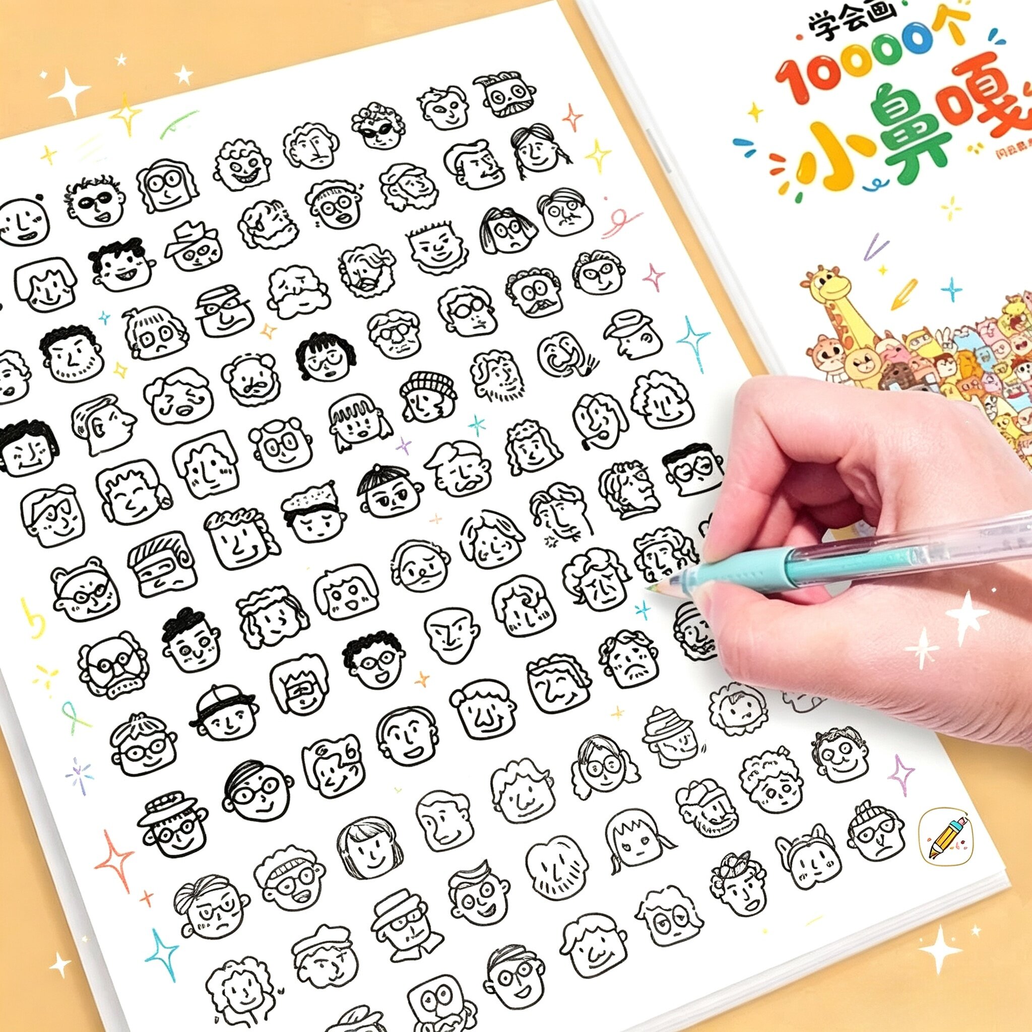 学会画10000个小鼻嘎摸鱼线条表情画线稿临摹绘画本简笔画解压WT