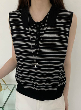 夏季新轻薄撞色条纹翻领无袖透气显瘦小衫背心针织上衣T恤女22906