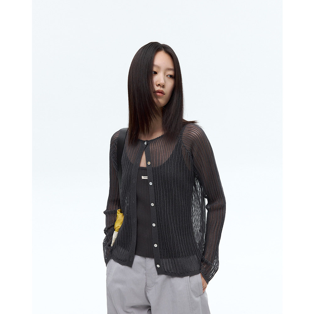 EVERTRUE 2026秋季韩版纯色透视针织外套开衫圆领长袖罩衫65657