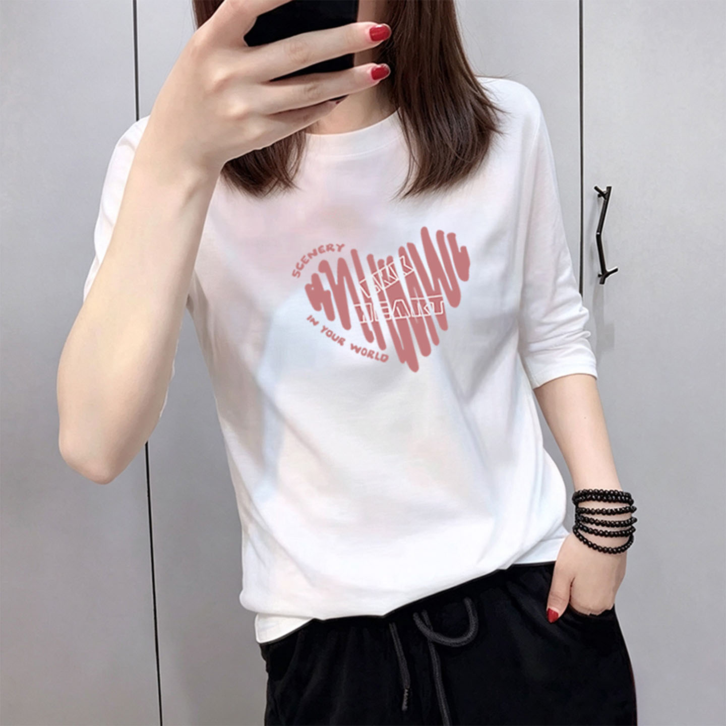 白色七分袖t恤女中袖上衣2026新款春秋爆款宽松显瘦洋气半袖体恤