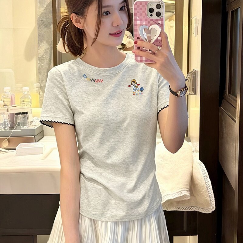 小众夏季新款花边袖口棉质短袖T恤女韩系百搭显瘦清新印花款上衣