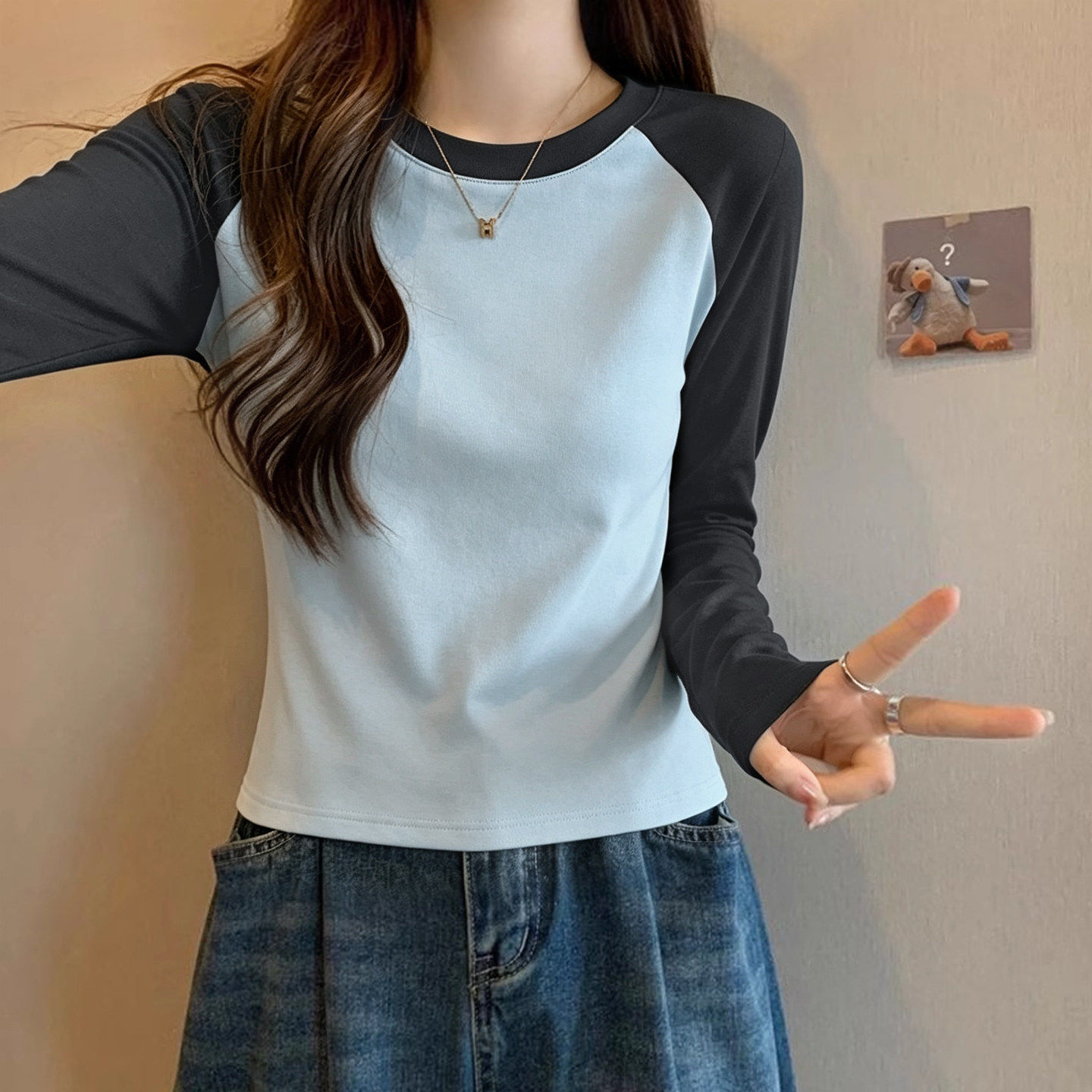 秋新长袖蓝色插肩撞色修身女T恤