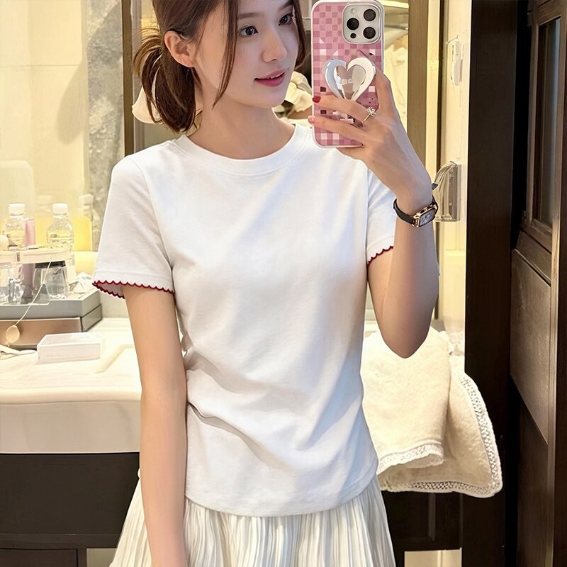 韩版拼接花边袖口棉质圆领短袖T恤女纯色设计感夏季百搭休闲上衣