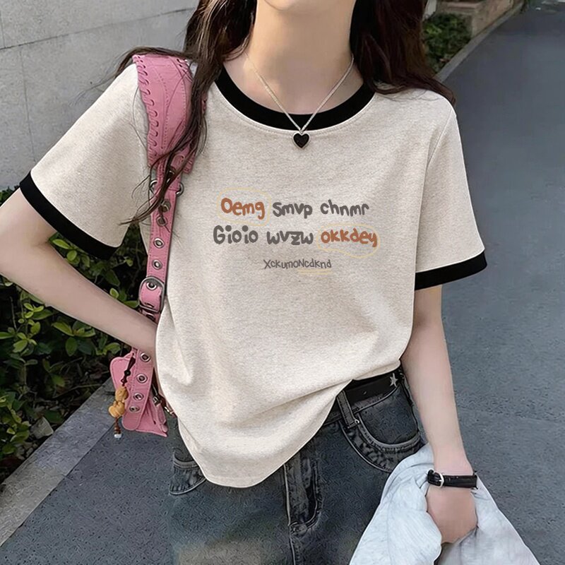 夏季爆款撞色棉质正肩短袖T恤女小众减龄显瘦浅花灰色高级上衣潮