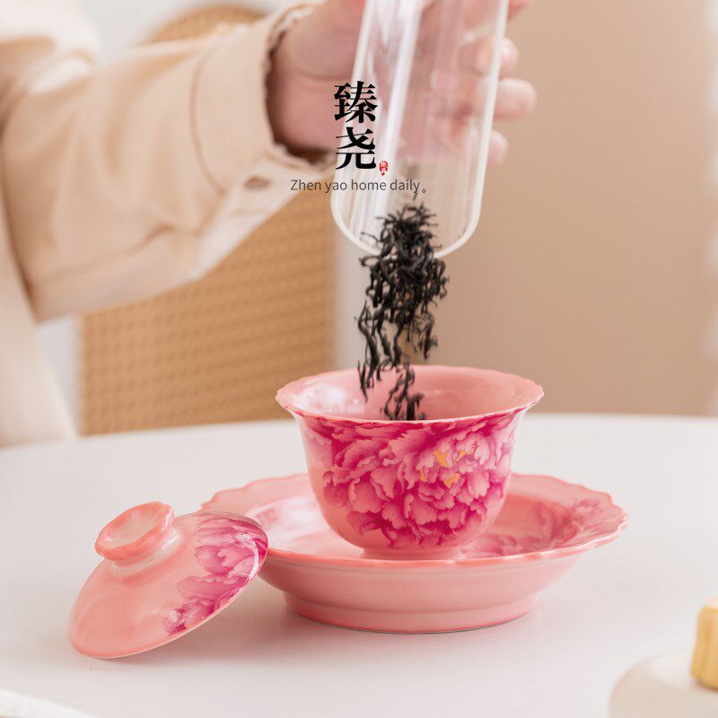 臻尧粉汝猪油冻粉彩国色天香牡丹花盖碗壶承茶碗家用茶具礼盒送礼