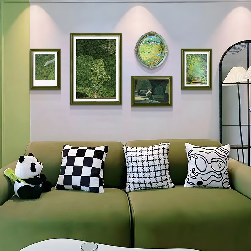 客厅装饰画法式客厅油画沙发背景墙挂画绿色系组合壁画高档