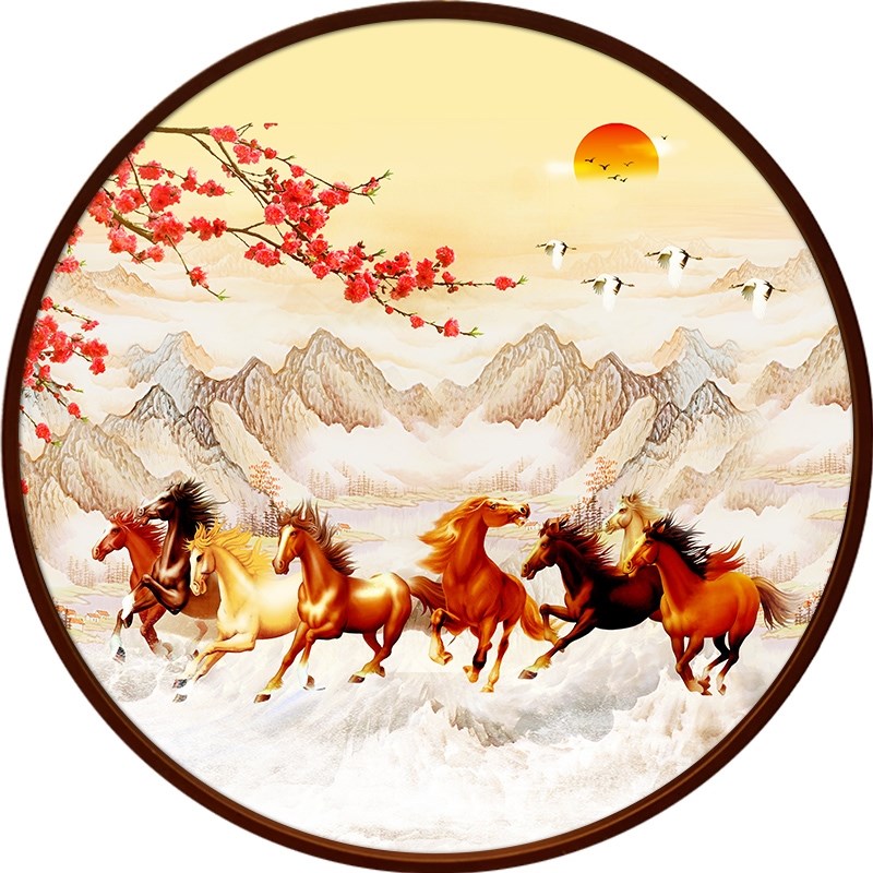 网红字画挂画圆形马装饰画八匹骏马八骏图办公室客厅壁画玄关马到