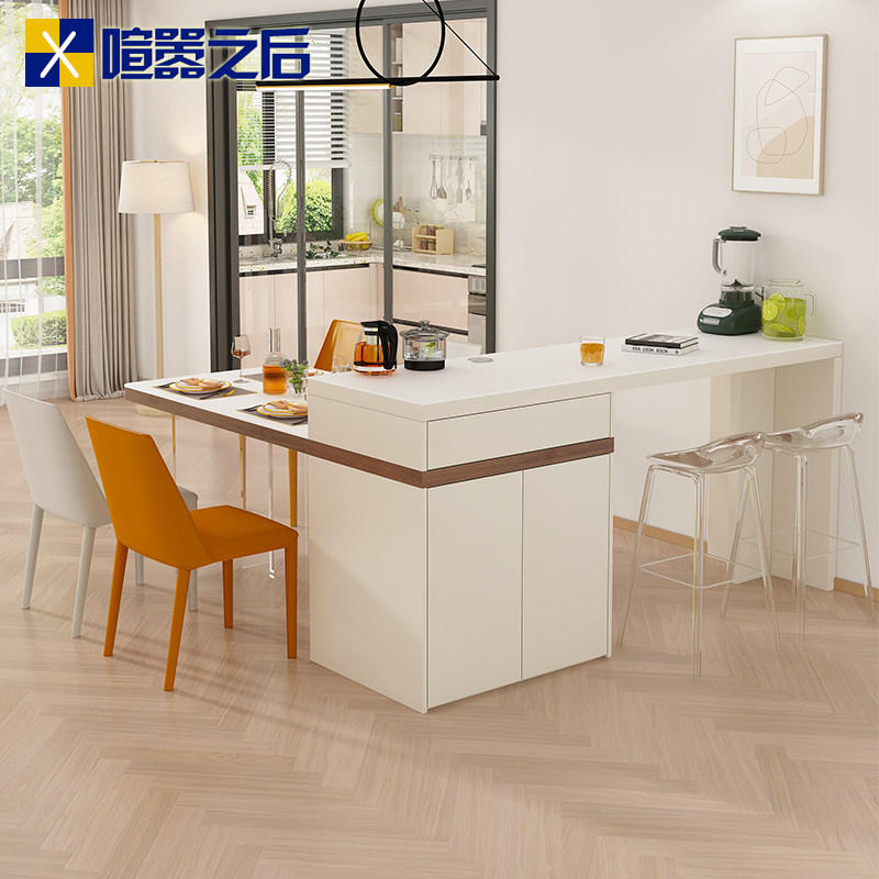 奶油风岩板岛台餐桌一体小户型厨房茶台烧水壶一体吧台隔断柜8E55