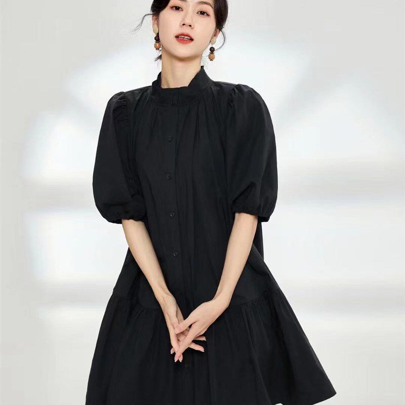 连衣裙春季2023新款女装灯笼袖立领甜美显瘦初恋裙