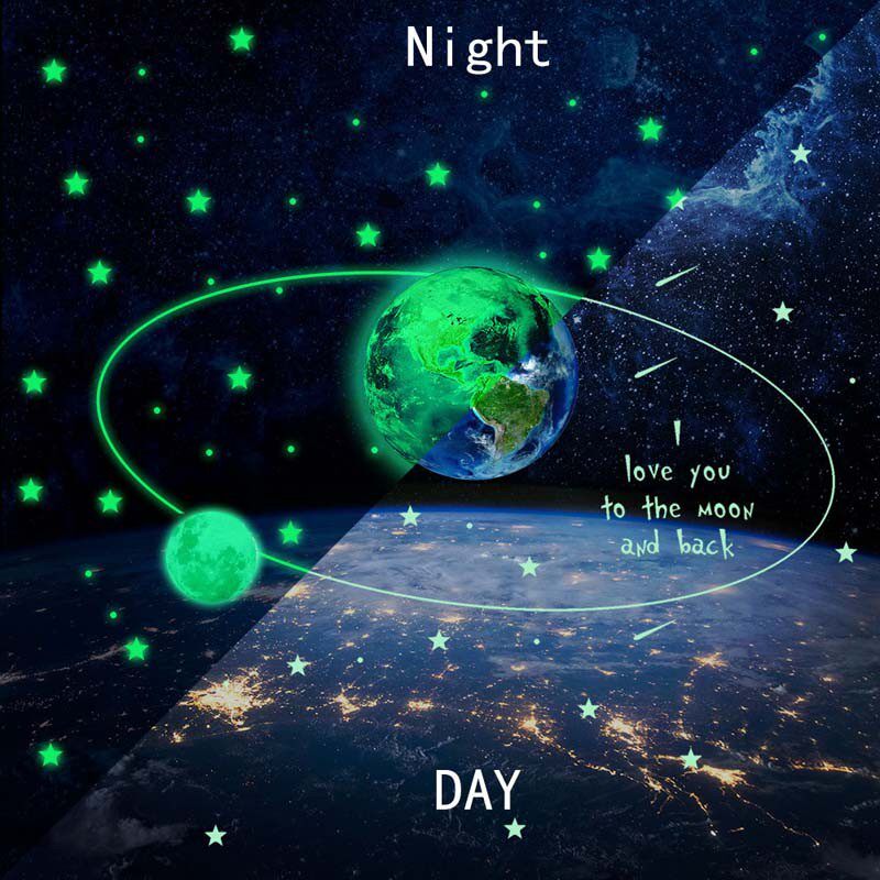 新款夜光地球月球组合墙贴儿童房间地月系30cm月亮星星荧光壁贴画
