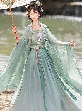 诃子裙汉服女款绿色唐制广袖流仙裙仙气飘飘改良版连衣裙古装夏季