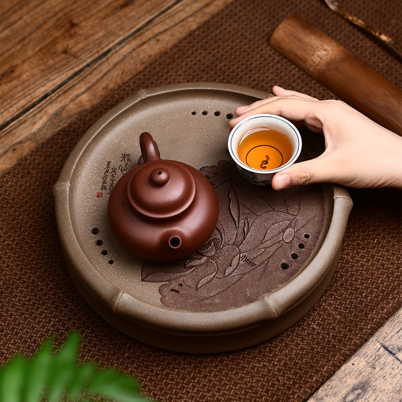宜兴纯手工紫砂干泡台茶盘茶桌台泡茶双层储水式壶承家用小型圆形