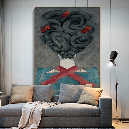中式复古人物装饰画巨幅竖版背影女人新中式壁画酒店大堂金属框画