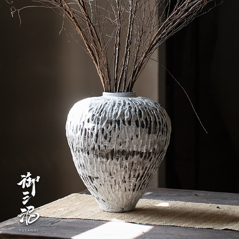 高级复古怀旧手工陶瓷花瓶粗陶瓶插花民宿酒店侘寂风禅意摆件花器
