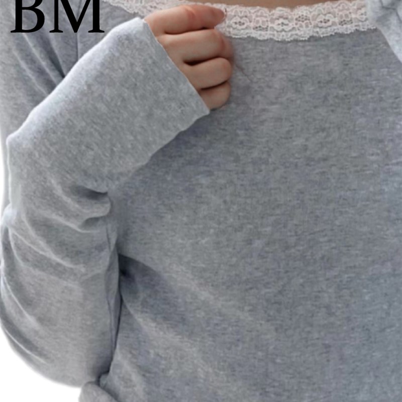 BM灰色长袖T恤女秋冬款小个子好看洋气圆领蕾丝气质打底衫内搭新