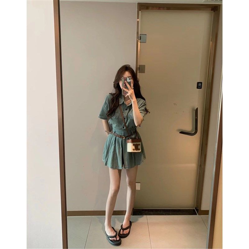 (吴大笑)柏林纪事怀旧浅蓝薄牛仔短袖衬衫新款高腰显瘦裙裤套装