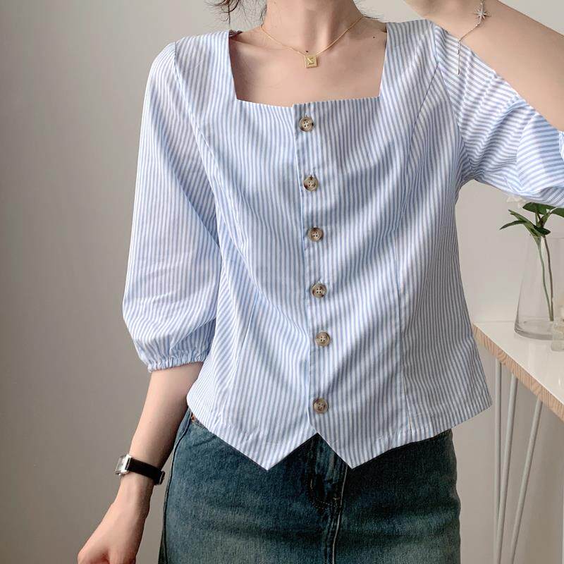 西班牙D~夏季新品清新简约设计感方领中袖条纹单排扣衬衫女上衣