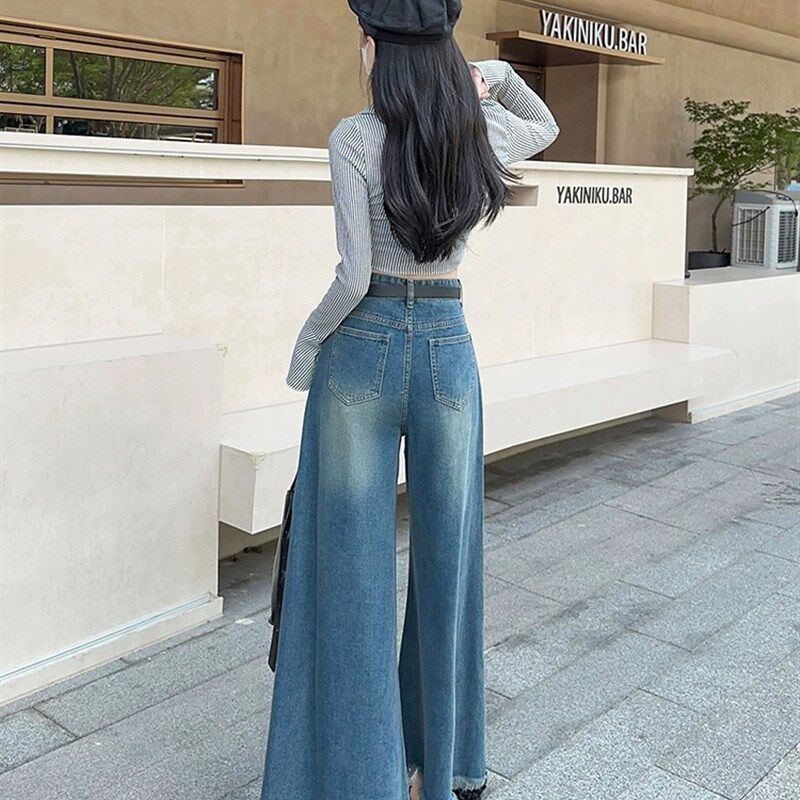 高腰复古深色毛边阔腿牛仔裤女春夏薄款小个子显高宽松梨形抖抖裤