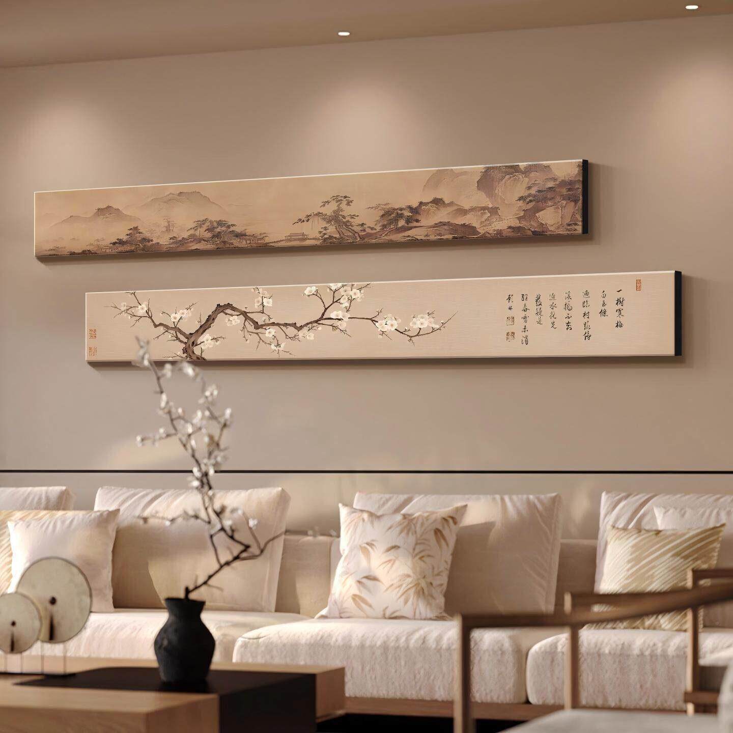 宋代美学茶室装画新中式客厅沙发景墙背室挂客厅-白饰画横版书房