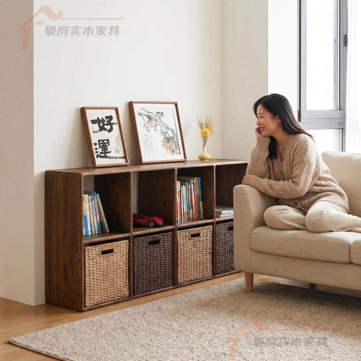 浅胡桃童A008书柜柜置物边柜方格柜玩具柜实儿木色储物多功能组合