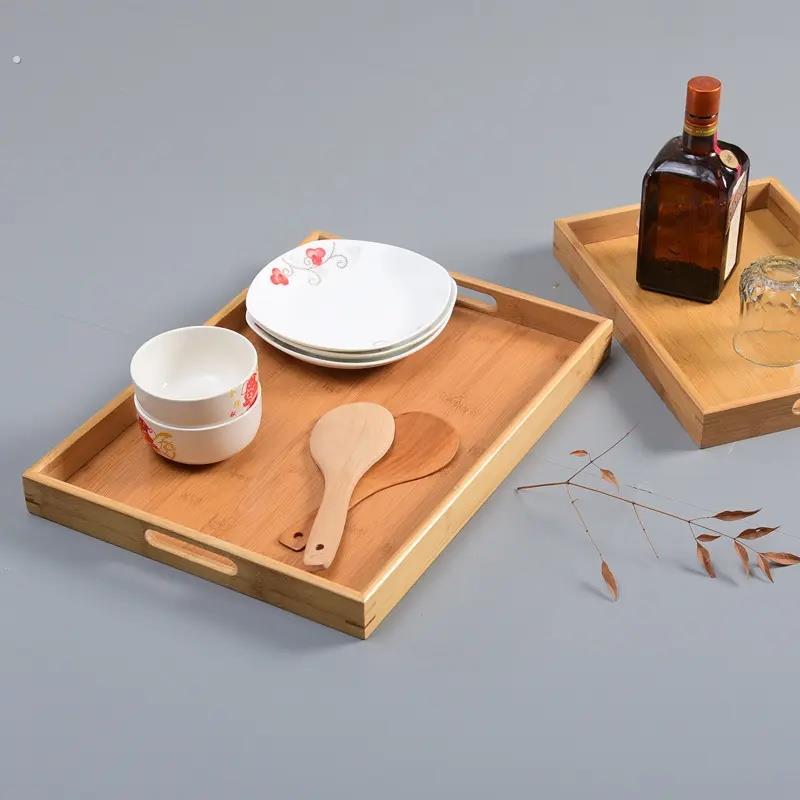 竹制拉手托盘长方形家用竹茶盘酒店上菜水杯盘子圆形鸡翅木色盘子