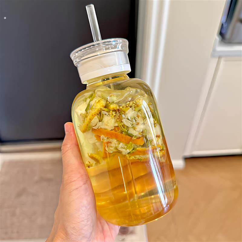 双盖吸管杯女生高颜值玻璃泡茶杯大容量可携式随手果茶杯冷萃咖啡