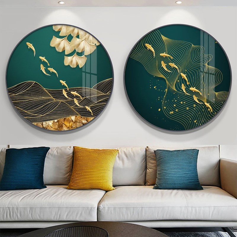 九尾鱼玄关画新中式圆形装饰画晶瓷画镶钻九鱼图聚财客厅组合壁画