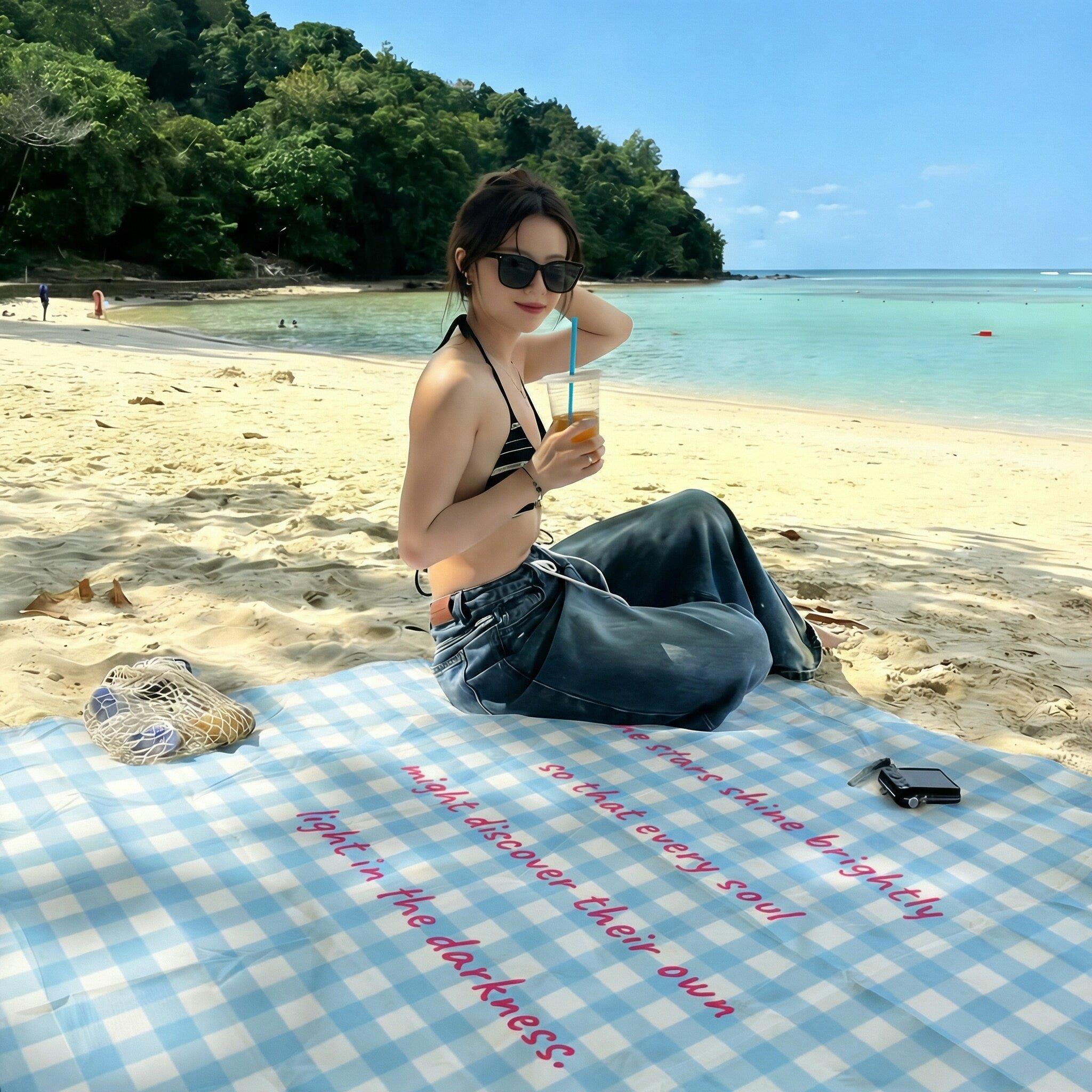 户外露营法式海边沙滩垫蓝色野餐布海滩毯子沙滩布野餐垫拍照道具