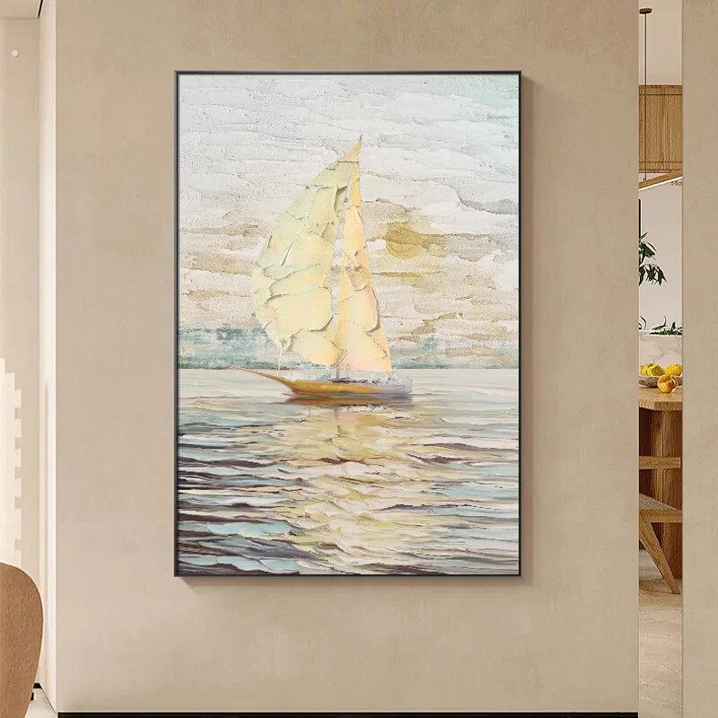 一帆风顺玄关走廊手绘油画大芬村沙发背景装饰画高级肌理海浪壁画