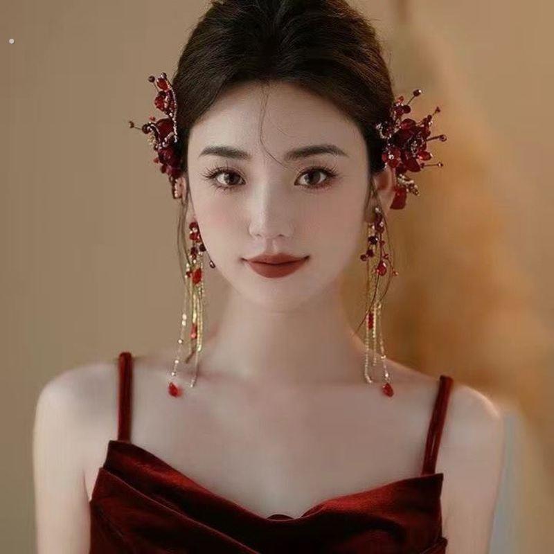 压鬓簪独特发簪简单大气发簪新中式订婚新娘头饰敬酒服红对夹旗袍