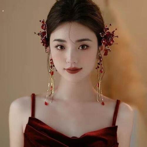 压鬓簪独特发簪简单大气发簪新中式订婚新娘头饰敬酒服红对夹旗袍