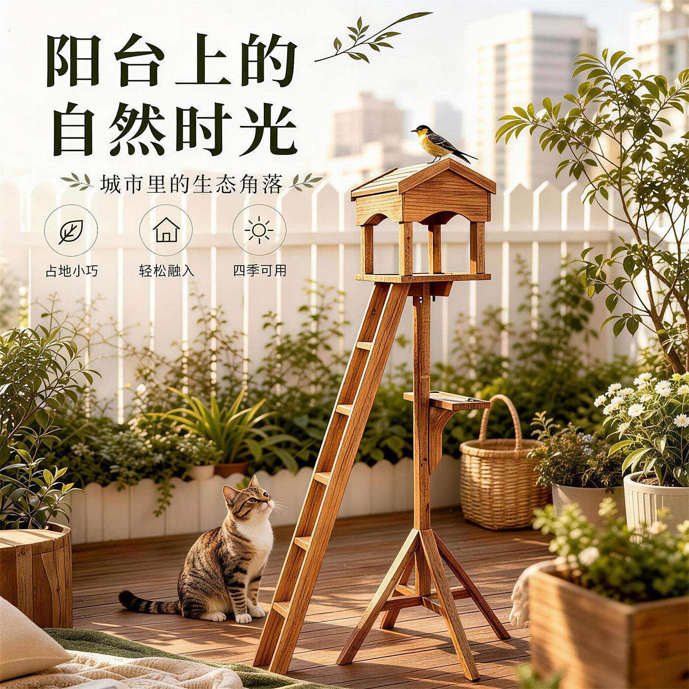 户外实木立式猫爬架小屋露台客厅不占地高梯观景台喂鸟器猫窝一体