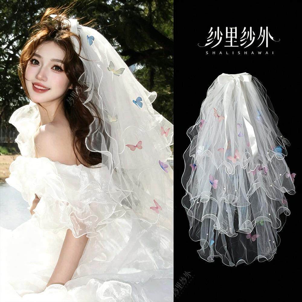 彩色蝴蝶头纱领证登记蓬蓬纱多层新娘结婚头饰超仙美摄影写真道具