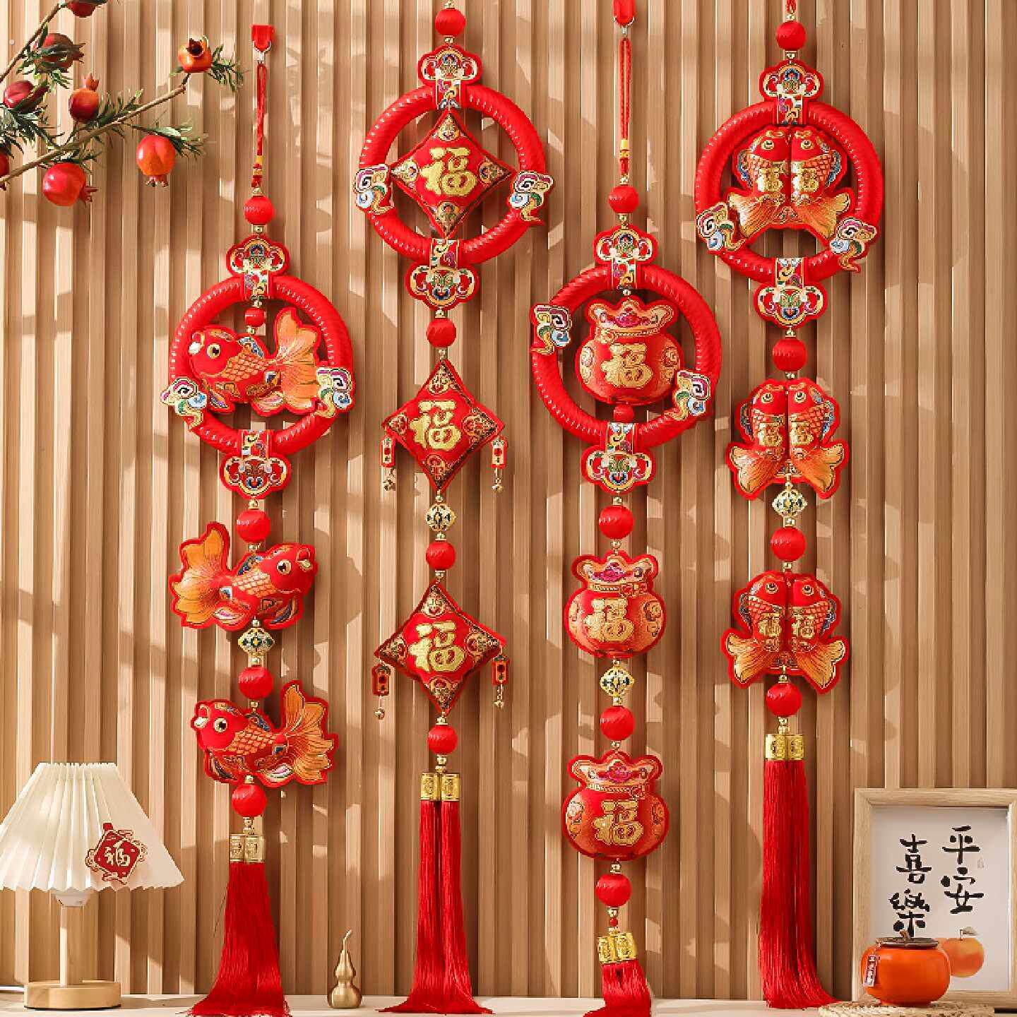 2026新年装饰布置用品挂件马年春节过年福字入户门丝圈三联串挂饰