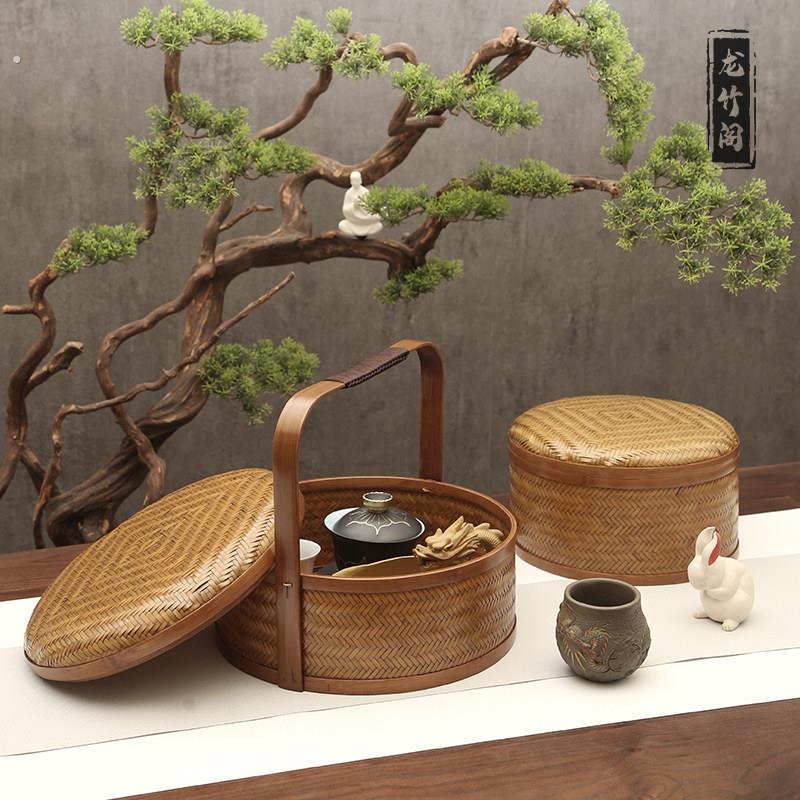 手工竹编提篮大漆功夫茶具收纳盒子带盖子手提食盒竹筐茶盒桌面仿