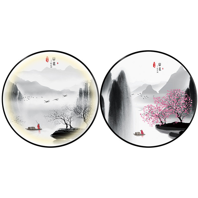 新中式屏风隔断双面画入户玄关发光装饰画轻奢圆形led带灯壁挂画