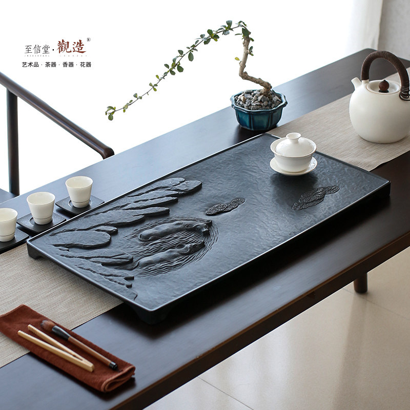 观造手工雕刻天然乌金石茶盘家用简约茶台石头功夫茶海茶具套装
