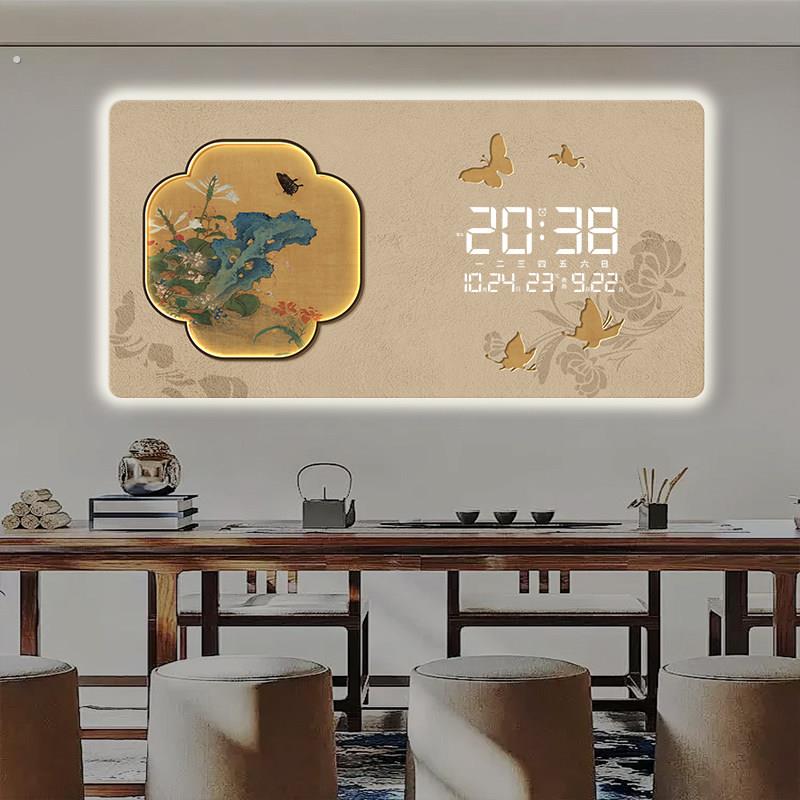 玄关装饰画新中式款客厅钟表沙发墙壁挂画国画电子时钟万年历挂钟