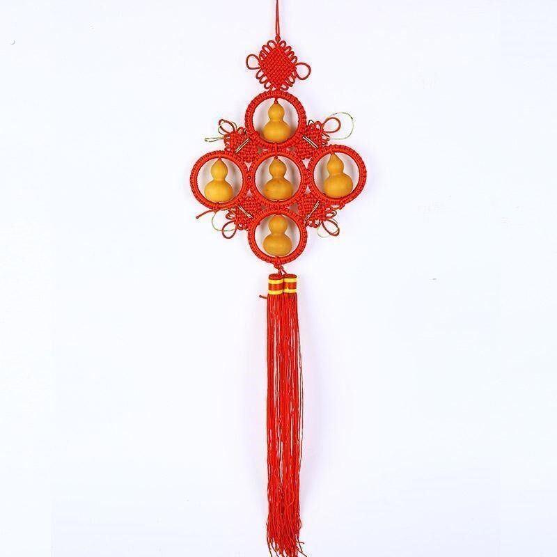 五福葫芦挂件装饰品 桃木红色中国结家居装饰 玄关入户门吉祥挂饰