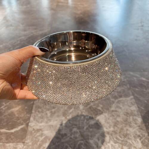 狗碗不锈钢双碗猫碗轻奢镶钻宠物喝水碗猫咪狗狗饭盆狗粮碗防打翻