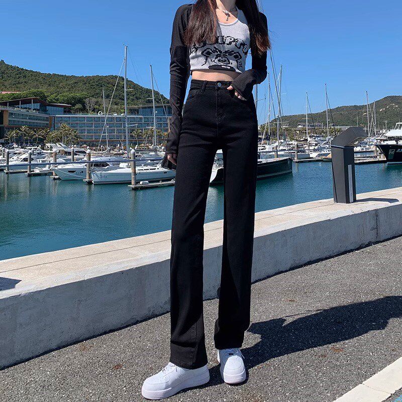 黑色窄版直筒牛仔裤女2025春夏薄款高腰显瘦直筒裤修身弹力烟管裤