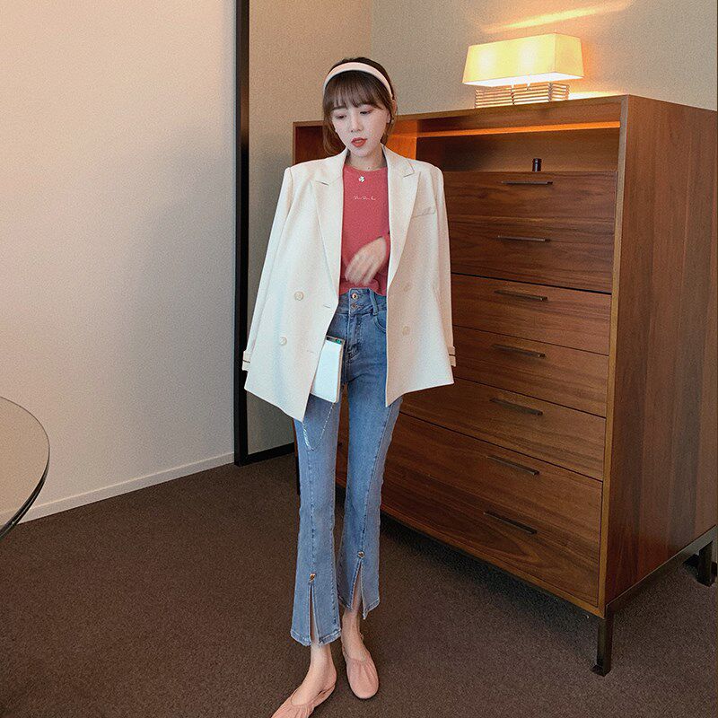 七分微辣喇牛仔裤女145小个子秋季穿搭八分显高显瘦高腰开叉喇叭