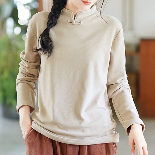 德绒高级感t恤女春秋2024年新款茶服上衣外套宽松盘扣复古打底衫