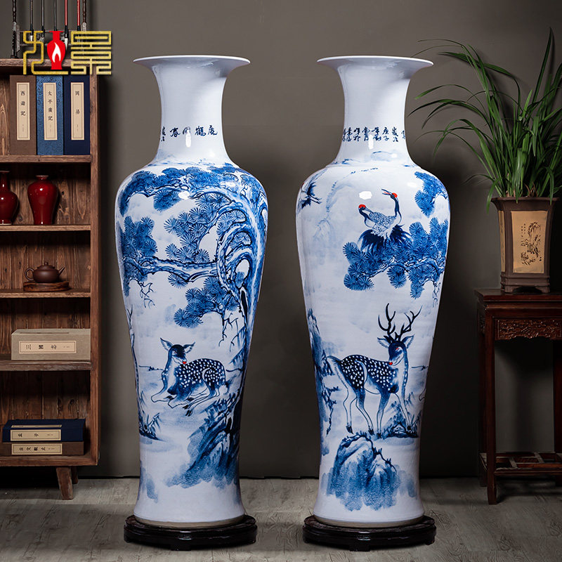 景德镇陶瓷器落地大花瓶手绘青花瓷高款摆件鹿鹤同春特大号1.8米