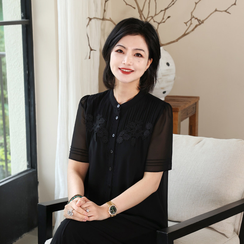 枫竺高端女装捏褶绣花圆领雪纺短袖衬衫上衣女夏季2025新款衬衣